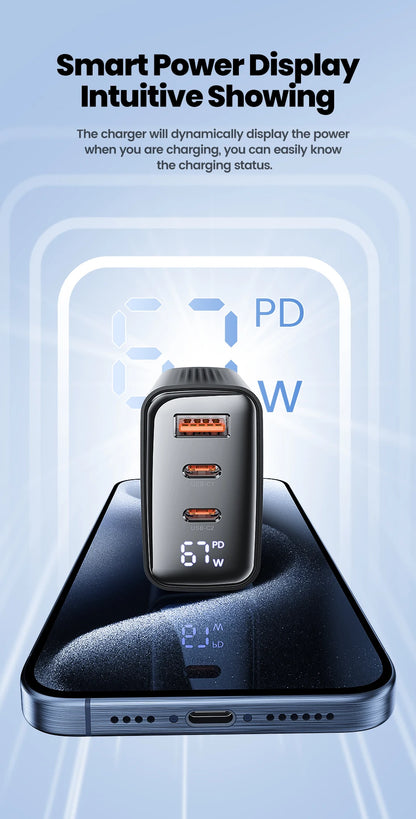 Toocki 67W GaN USB-C Charger — Digital Display Quick Charge PD PPS QC4.0 for MacBook, Laptop, iPad, iPhone 15/14