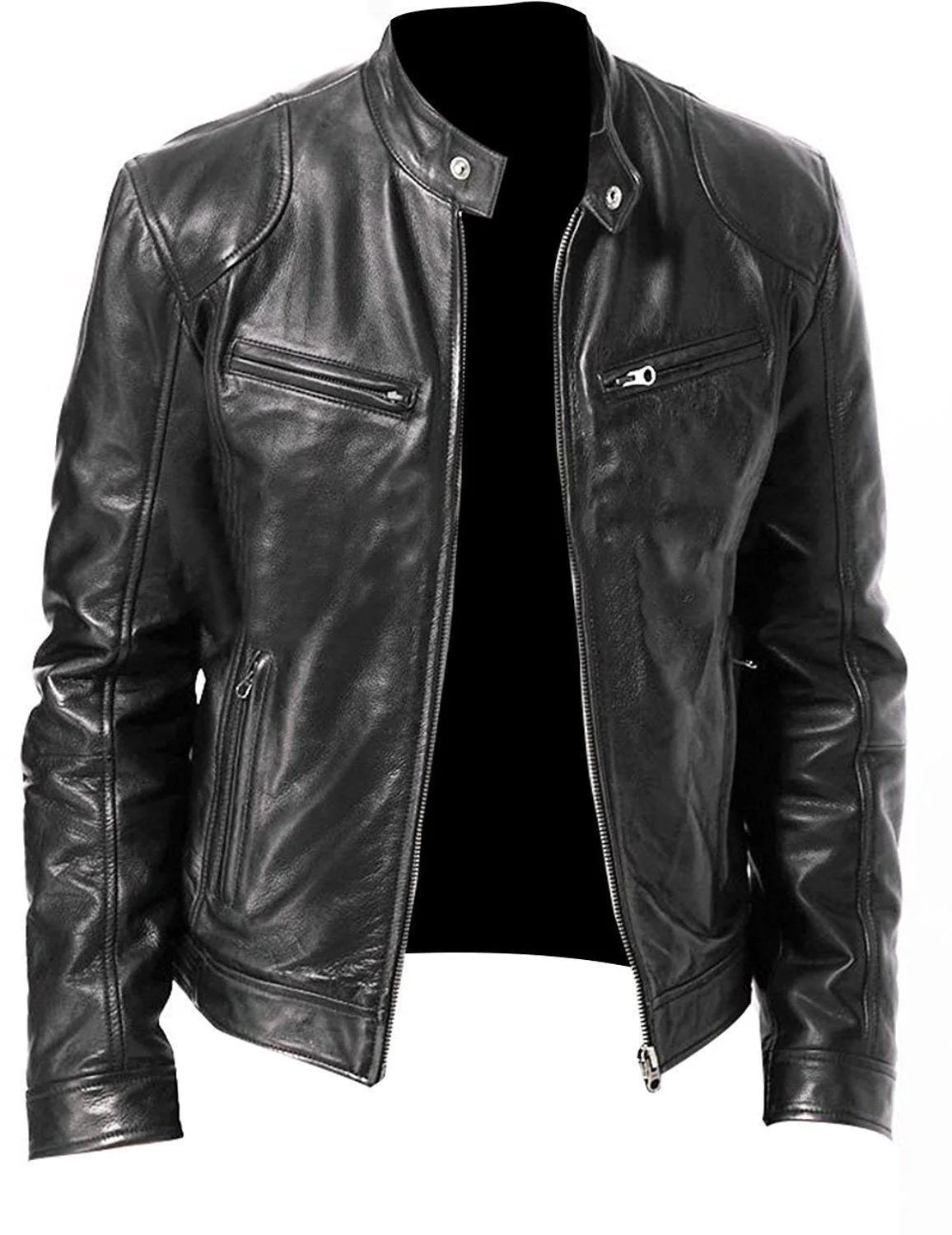Men’s Slim Fit Motorcycle Leather Jacket – Short Lapel PU Zipper Windproof Coat for Autumn