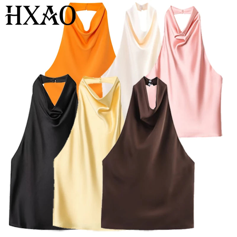 HXAO Women’s Satin Halter Top – Summer 2025 Black & Yellow Crop Tank, Off-Shoulder Sleeveless Backless Vest