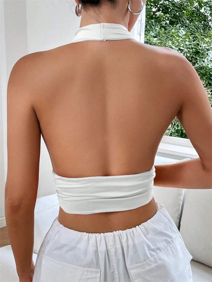 Women’s Sleeveless Halter Crop Top – Backless Deep V-Neck Solid Color Summer Streetwear Y2K Fashion Top 2024