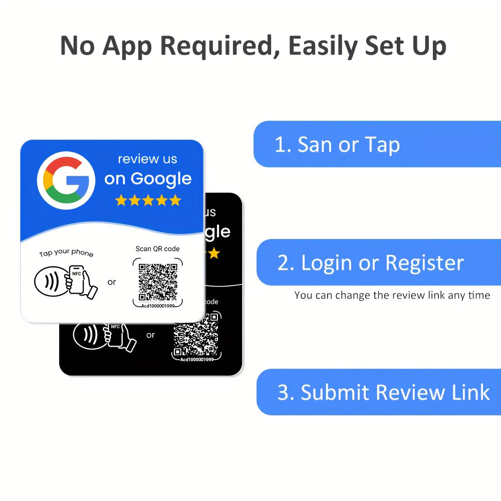 NFC 215 Square Google Review Card - Programmable 13.56MHz NFC Stand with Editable QR Code