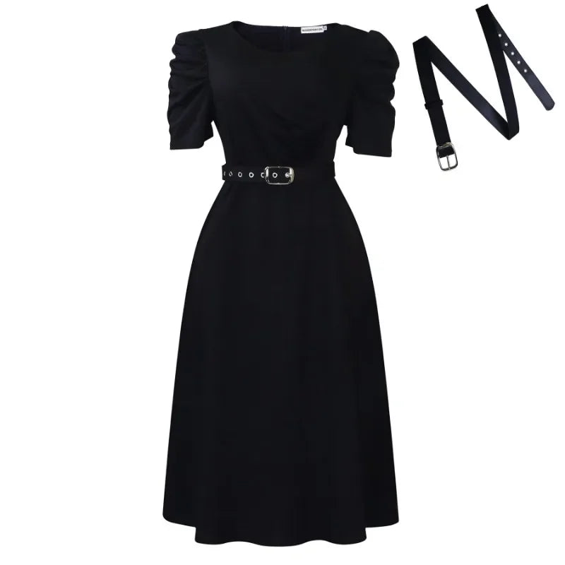 Women's Pleated A-Line Dress - Elegant V-Neck Short Sleeve Office & Church Wear