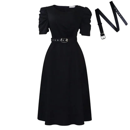 Women's Pleated A-Line Dress - Elegant V-Neck Short Sleeve Office & Church Wear