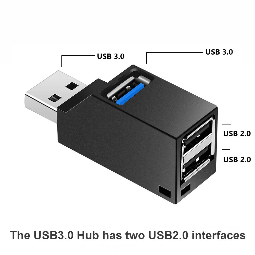 USB 3.0 Hub Adapter Extender - 1 to 3 Ports, High-Speed USB 2.0 Splitter for PC, Laptop, U Disk, Card Reader