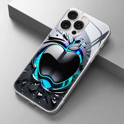Black Grey Apple Pattern Glass Phone Case - Electroplated Protective Cover for iPhone 11-18 Pro Max, Plus, 16E & 17 Air