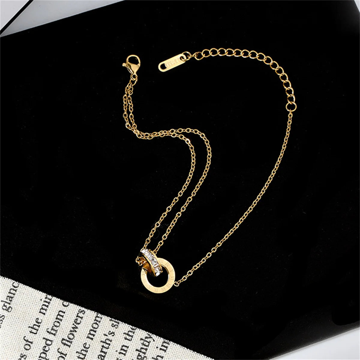 Titanium Steel Roman Digital Jewelry Set - Double Ring Pendant Necklace, Bracelet, and Earrings for Women