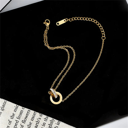 Titanium Steel Roman Digital Jewelry Set - Double Ring Pendant Necklace, Bracelet, and Earrings for Women