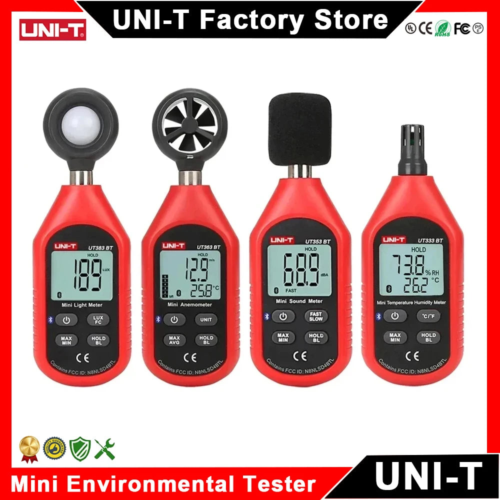 UNI-T Digital Meter Series - UT383/BT Light Meter, UT363/BT Anemometer, UT353/BT Sound Meter & UT333/BT Temperature Humidity Meter