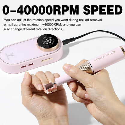YOKEFELLOW Professional Nail Drill – 40000RPM Rechargeable Electric Nail E-File, Cordless for Acrylic & Gel Nails