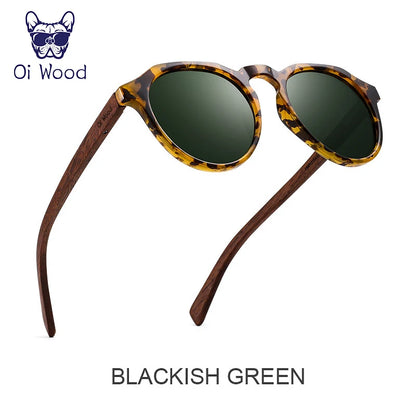 Oi Wood Round Sunglasses — Walnut Wood Frames with Red Lens & Tortoise Shell Design for Men & Women