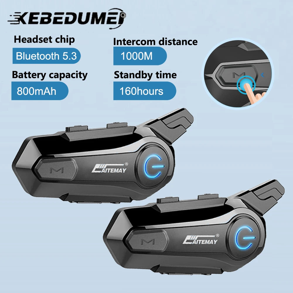 1/2X Bluetooth V5.3 Motorcycle Helmet Intercom Headset – 1000M Noise-Reduction Interphone with Music Sharing for Moto Riders