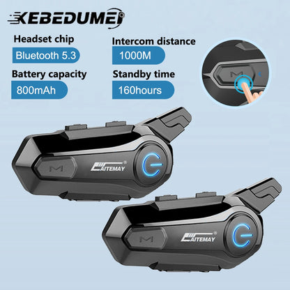 1/2X Bluetooth V5.3 Motorcycle Helmet Intercom Headset – 1000M Noise-Reduction Interphone with Music Sharing for Moto Riders
