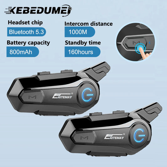 1/2X Bluetooth V5.3 Motorcycle Helmet Intercom Headset – 1000M Noise-Reduction Interphone with Music Sharing for Moto Riders