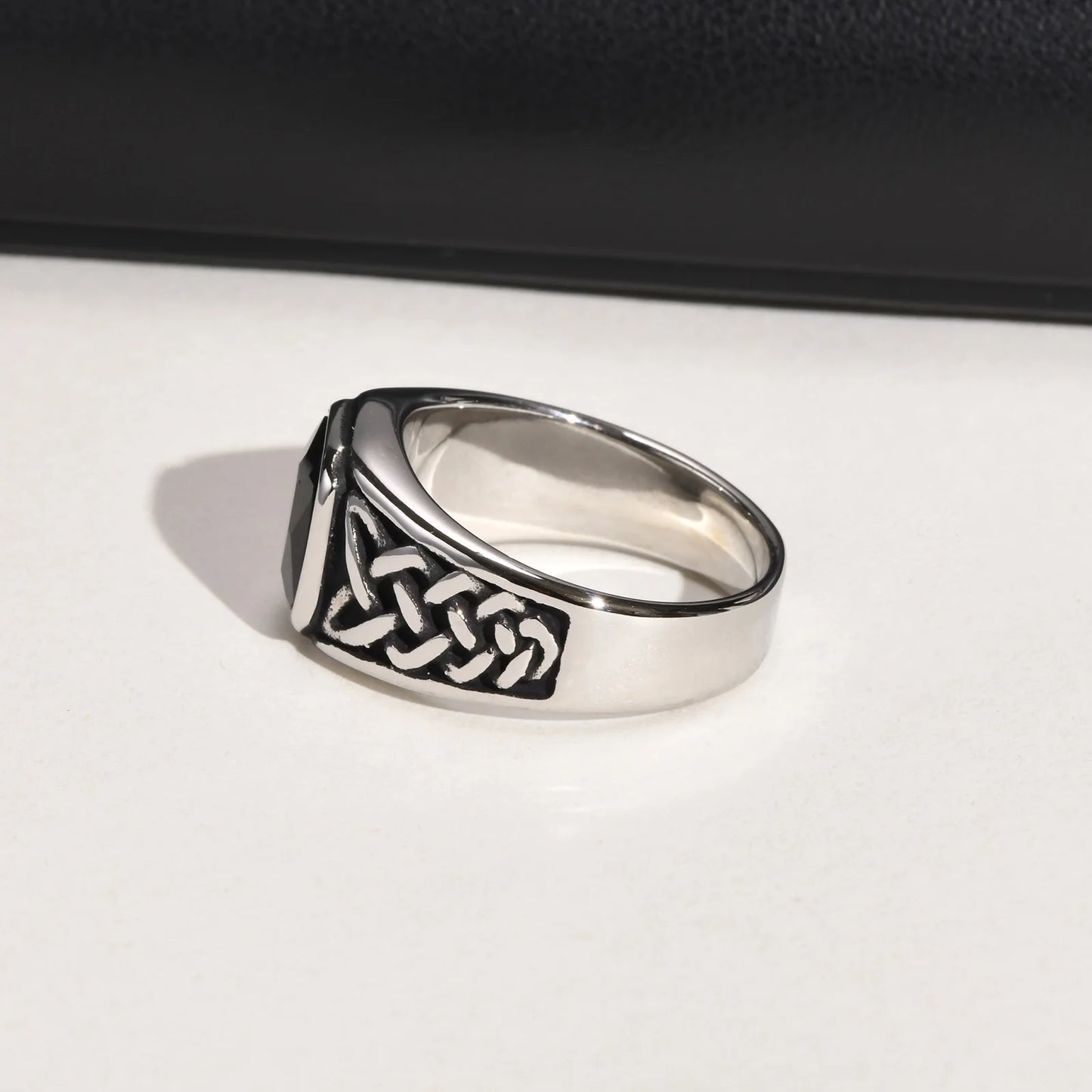 Punk Vintage Ethnic Rings for Men – Retro Viking Knot Rune, Black Geometric Square Stone Signet Jewelry