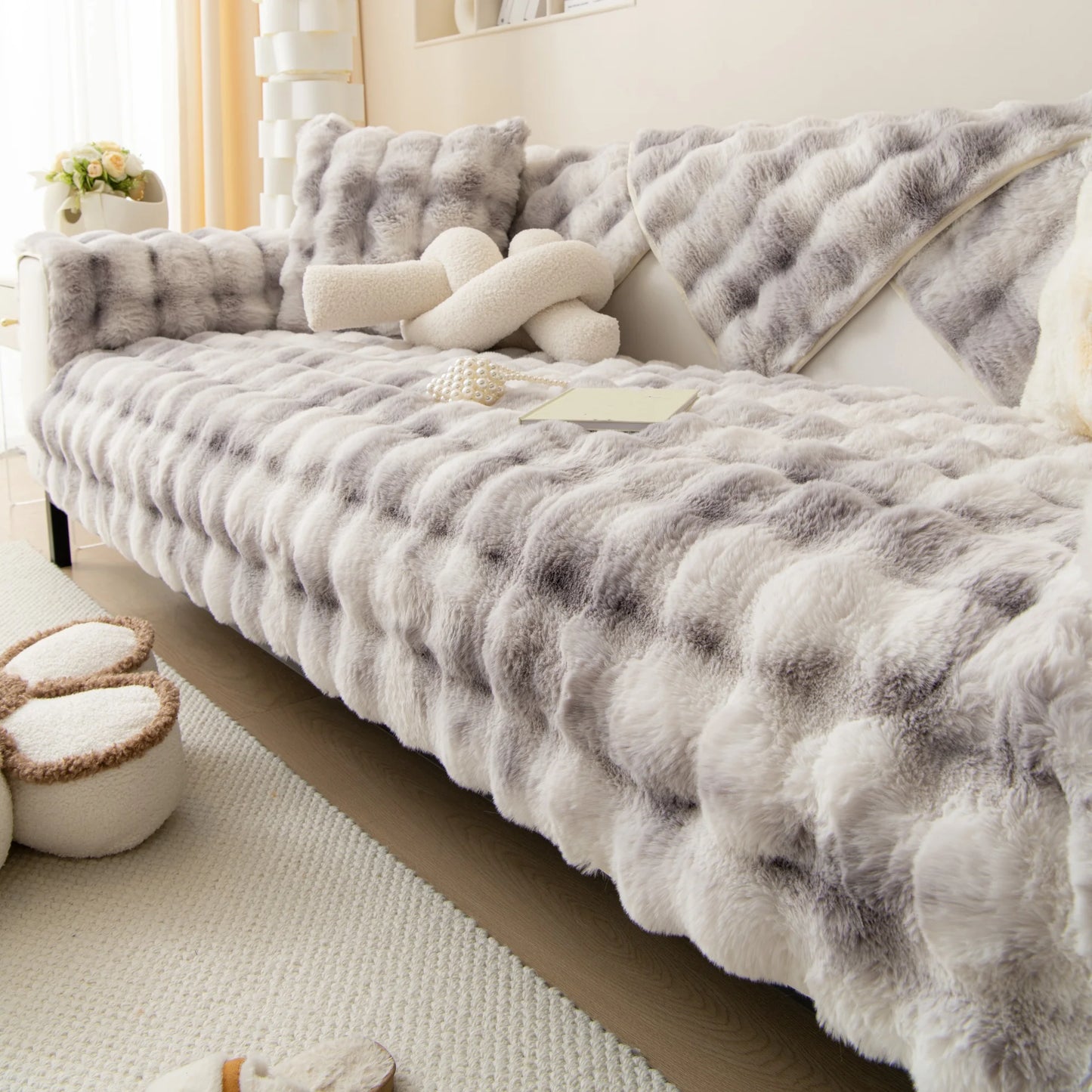 Thick Rabbit Fur Plush Sofa Slipcover - Non-Slip Soft Couch Cushion Cover for Modern Living Room Home Decor