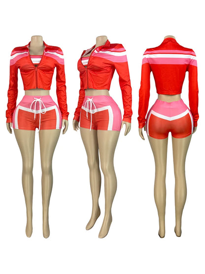 2025 Trending Women’s Summer 3-Piece Tracksuit – Color Block Sports Bra, Jacket & Shorts Gym Workout Set