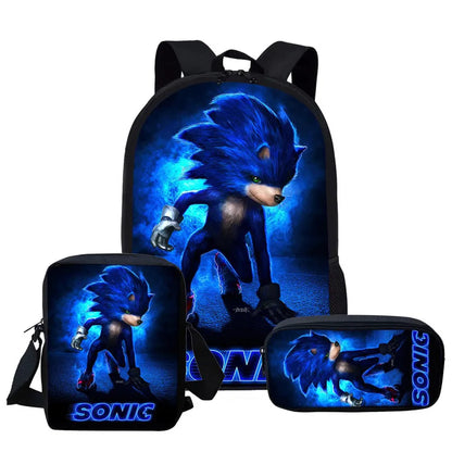 3PC Sonic Backpack School Bag Set – Anime Cartoon Zipper Backpack for Boys & Girls, Primary and Middle School Students