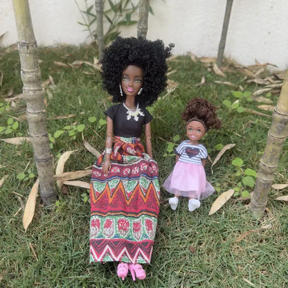 Kawaii African Girls Doll Set — 30cm Mother & 14cm Daughter with Clothes, DIY Kids Toy Birthday Gift