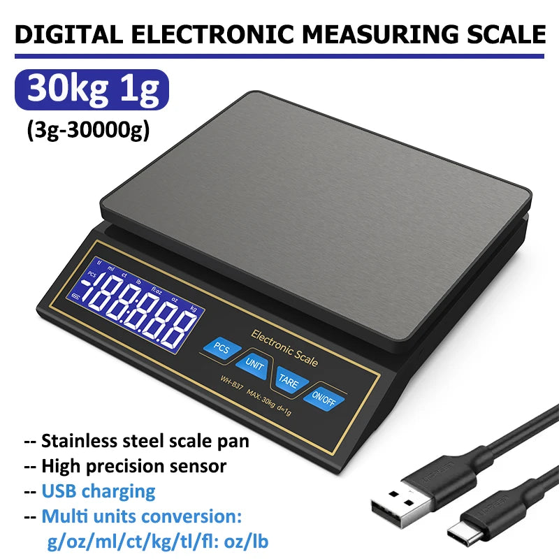 LCD Digital Kitchen Scale 30kg/1g – Rechargeable Stainless Steel Precision Electronic Weighing Scale for Food, Baking & Jewelry