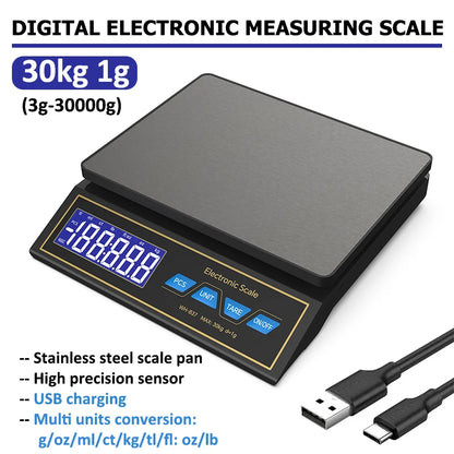 LCD Digital Kitchen Scale 30kg/1g – Rechargeable Stainless Steel Precision Electronic Weighing Scale for Food, Baking & Jewelry