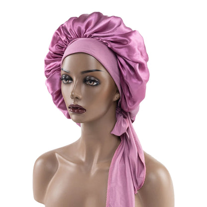 Satin Nightcap for Women - Wide Stretch, Extra-Large Long Tail, Shower Cap with Ribbon, Round Hat Hair Bonnet