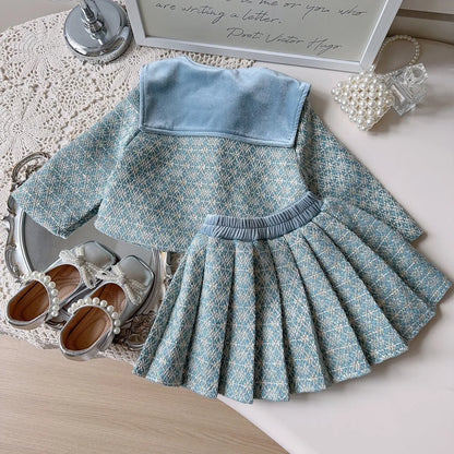 Girls' French Style Spring & Autumn Set 2025 – Baby Girl Two-Piece Outfit with Little Coat & Folding Skirt