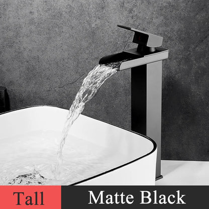 Bathroom Basin Sink Faucet - Deck Mount Waterfall Spout Tap with Single Handle, Hot & Cold Water Mixer for Vanity Washbasin