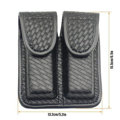 Tactical Black Basketweave Double Magazine Pouch - Leather Handgun Mag Holder with Snap Closure