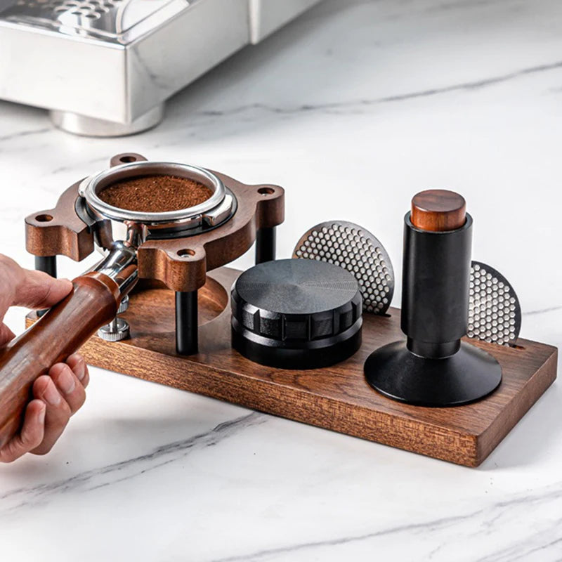 51/53/54/58mm Wood Coffee Tamper Station – Portafilter & Filter Screen Holder Stand for Espresso Barista Tools