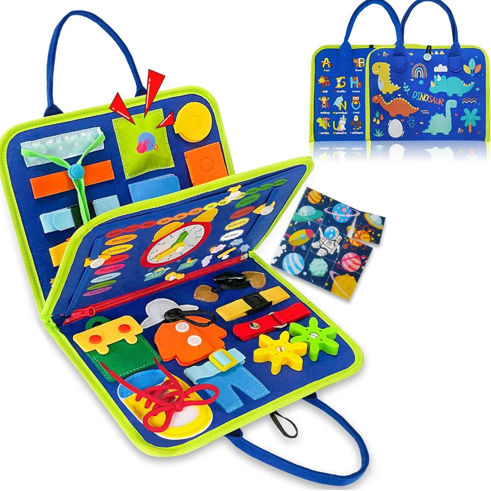 Montessori Toddler Busy Board – Dinosaur Dress-Up Sensory Toy for Learning Life Skills & Travel Backpack