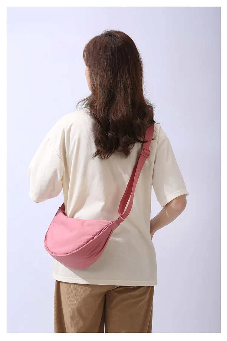 Solid Color Women's Portable Shoulder Bag – Simple Nylon Cloth Padded Crossbody Travel Purse & Messenger Bag