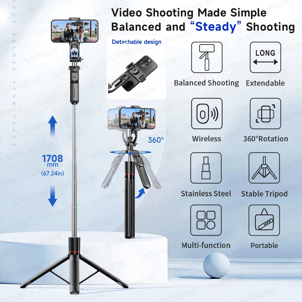 F16 Selfie Stick Tripod – 1708mm 8-Section Extendable Pole with Bluetooth Remote, 360° Rotation & 1/4 Screw Mount for Phone Camera Vlogging & Photography