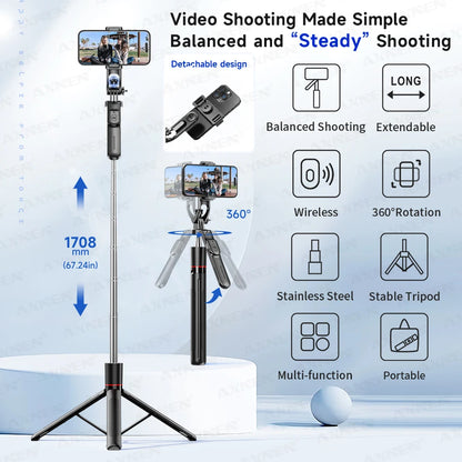 F16 Selfie Stick Tripod – 1708mm 8-Section Extendable Pole with Bluetooth Remote, 360° Rotation & 1/4 Screw Mount for Phone Camera Vlogging & Photography