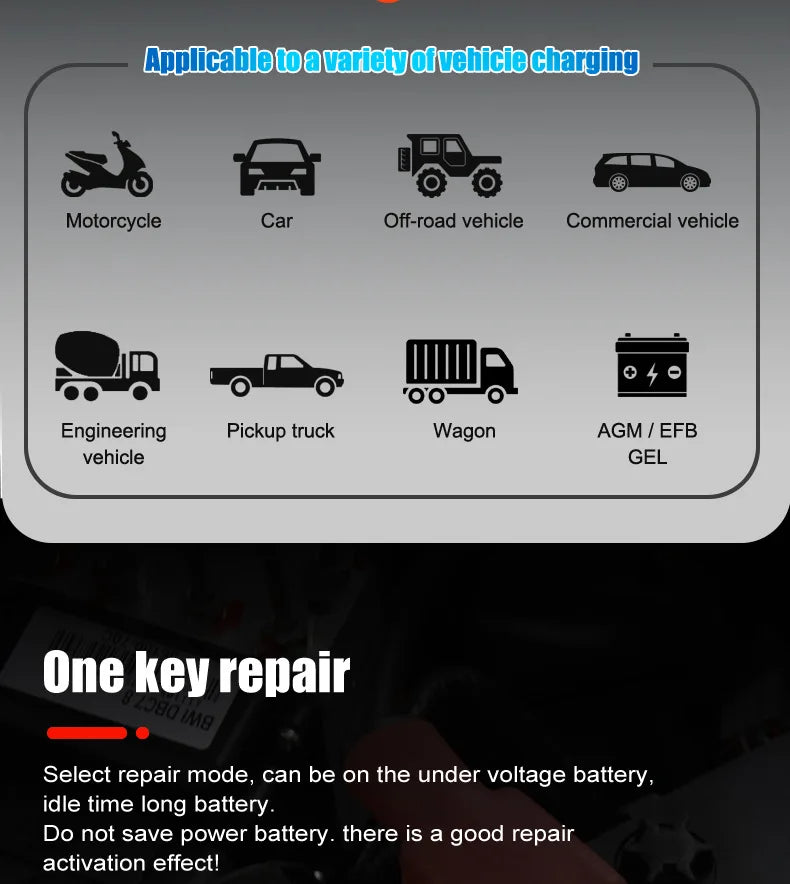 12V/24V Fully Automatic Smart Battery Charger — 7-Segment Pulse Repair for AGM, GEL, WET Lead-Acid Car Batteries