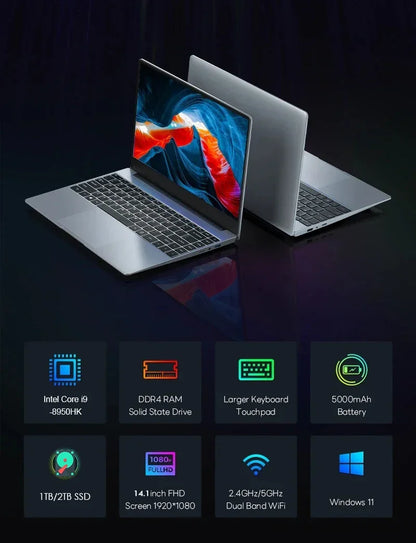 14.1" Portable Windows 11 Laptop – Intel Core i9-8950HK, 16GB RAM, 1TB/2TB SSD, HD Screen Notebook PC