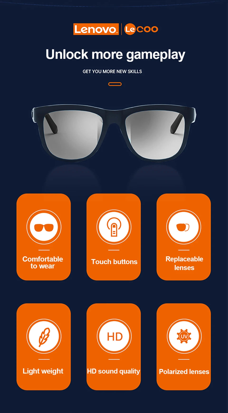 Lenovo Lecoo C8 Lite Bluetooth 5.3 Sunglasses – Wireless HiFi Earphones, HD Calls, Anti-Blue Light for Outdoor & Driving