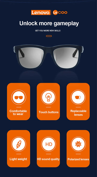 Lenovo Lecoo C8 Lite Bluetooth 5.3 Sunglasses – Wireless HiFi Earphones, HD Calls, Anti-Blue Light for Outdoor & Driving