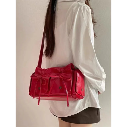 2024 Distressed PU Leather Rivet Bow Shoulder Bag – Pleated Underarm Luxury Handbag for Women