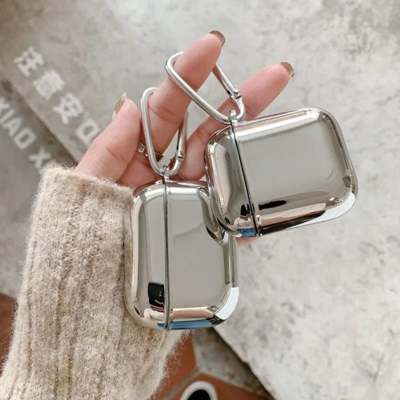 Electroplated Silver AirPods Protective Case - Mirror Finish Cover with Hook for AirPods 1/2/3/4 & Pro 2/3