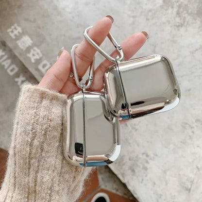 Electroplated Silver AirPods Protective Case - Mirror Finish Cover with Hook for AirPods 1/2/3/4 & Pro 2/3