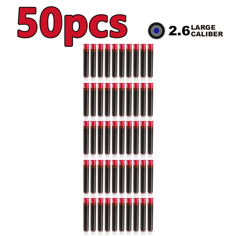 50/100pcs Fountain Pen Ink Cartridges – Black, Blue & Red Refill Set (2.6/3.4mm Bore) High-Quality