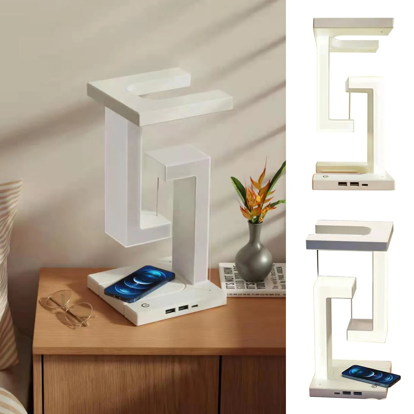 LED Anti-Gravity Suspended Night Light with 10W Wireless Charger - Dimmable Table Lamp for Bedroom and Bedside Decor