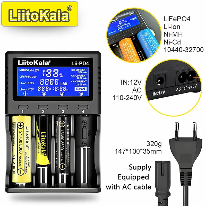 LiitoKala Lii-PD4/PD2 AC PD Charger – Fast Charging 4/2-Bay for 21700, 18650, AA & AAA Batteries with LCD & Multi-Protection