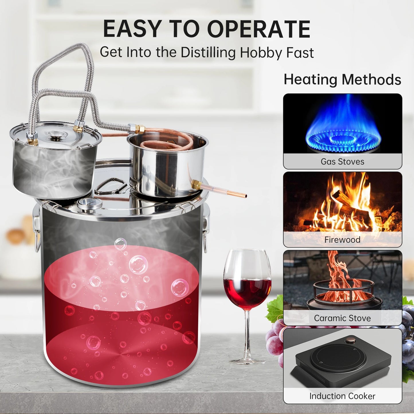 5Gal/19L Stainless Steel Water & Alcohol Distiller – Home Brewing Kit with Built-in Thermometer, Copper Tube, and Water Pump