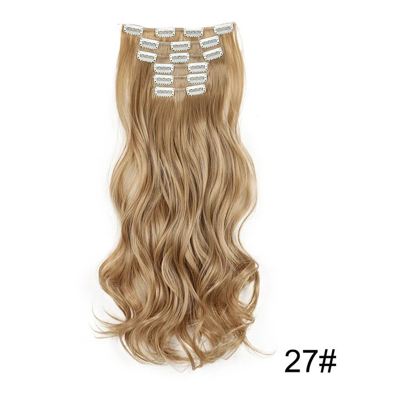 24-Inch 16 Clips-in Hair Extensions – Long Straight Synthetic Blonde & Black Hairpieces, Heat Resistant for Daily Use