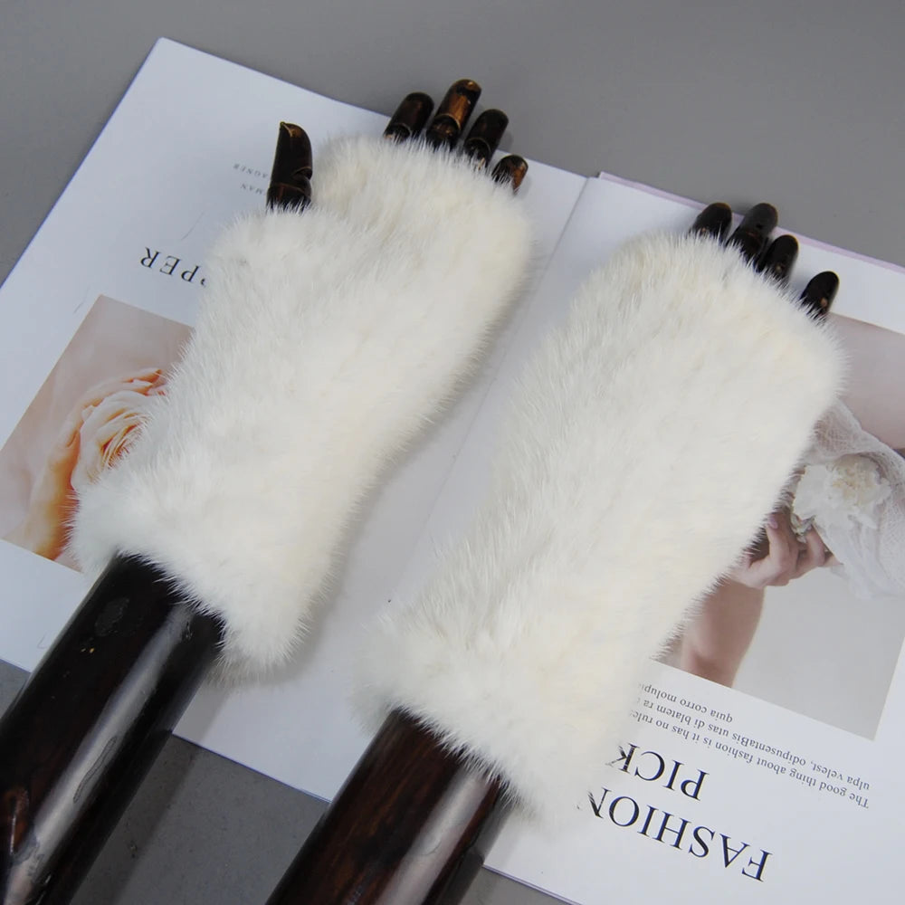 Women’s Winter Mink Fur Gloves – 100% Natural Fingerless Knitted Mittens for Warmth