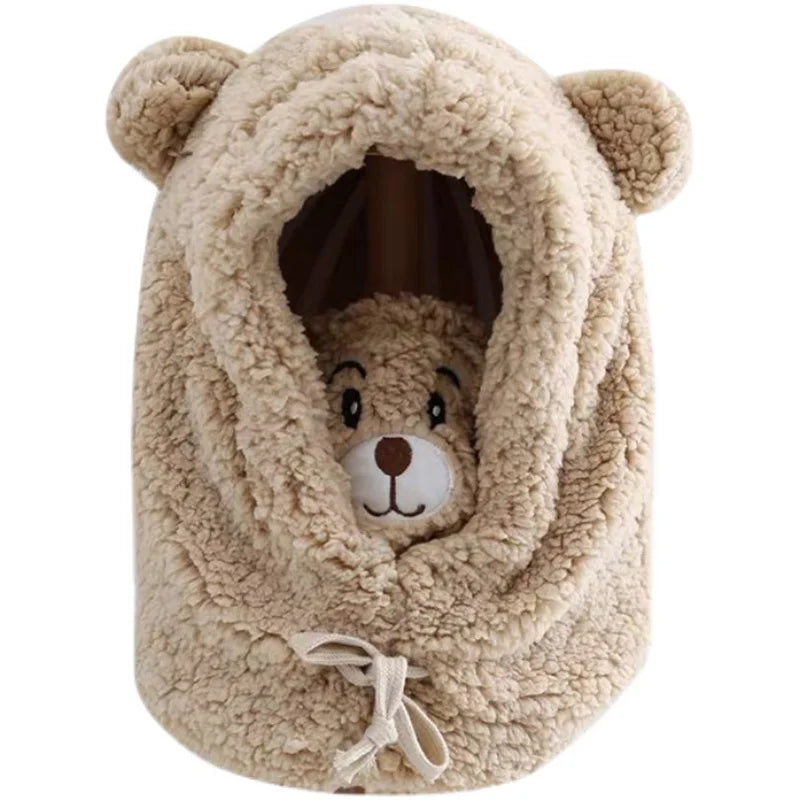 Winter Cartoon Bear Lamb Hat with Mask – Thickened Warm Beanie with Ear Protection for Women & Girls