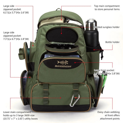 Bassdash Tactical Fishing Tackle Backpack – Lightweight Multifunctional Tackle Bag with Storage Boxes