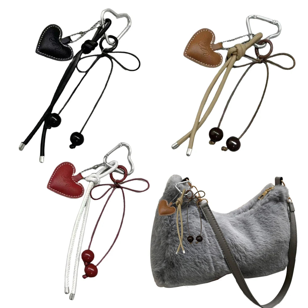 Y2K Leather Rope Keychain with Cherry Bow – Cute 3D Heart Bag Pendant Cartoon Keyring & Anti-Lost Phone Lanyard
