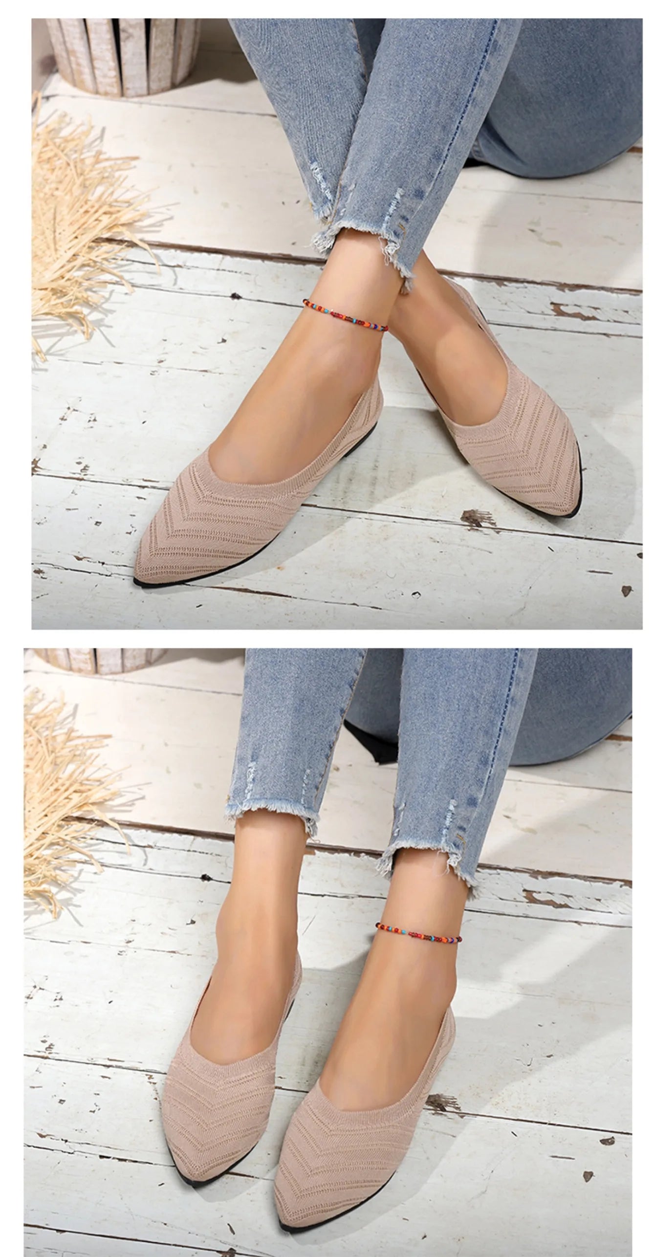 Women’s Solid Color Pointed Toe Knitted Slip-On Flats – Casual Breathable Ballet Loafers